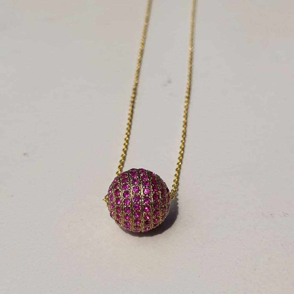 925 Sterling Silver Pink Pave Ball Pendant Gold Tone Magenta Necklace